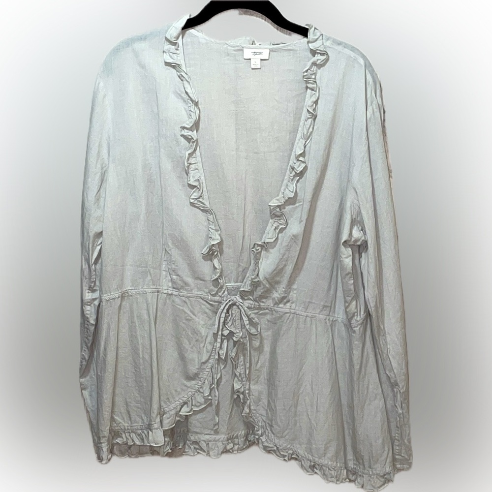 J. Jill Women's Sheer Gray V-neck Lettuce Trim Long Sleeve Jacket 100% Cotton L
